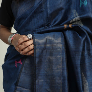 Blue - Bhagalpuri Pure Desi Tussar Silk Handloom Saree with Zari Border