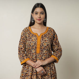Brown - Pedana Kalamkari Block Printed Cotton A-Line Kurta with Tagai Work 14
