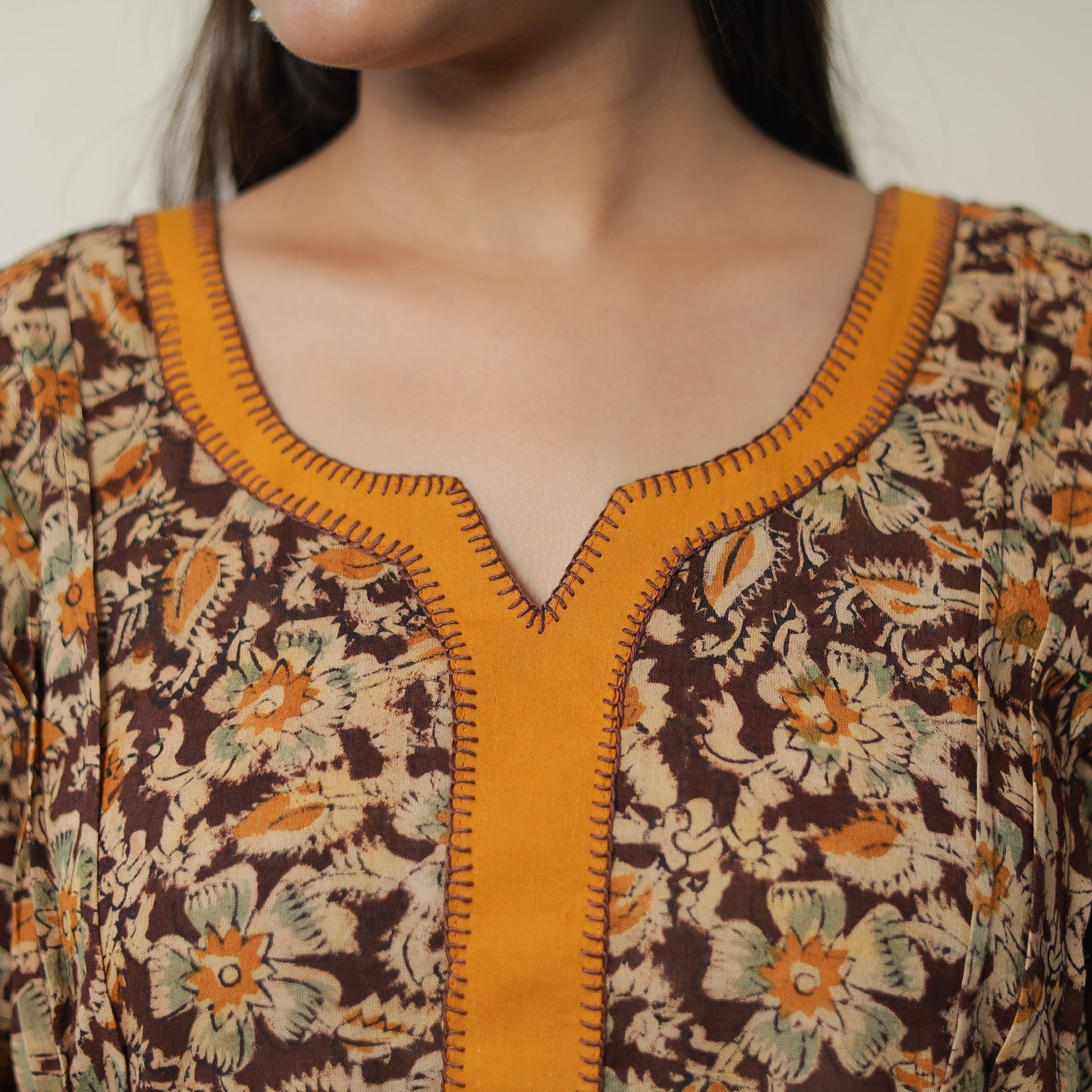 Brown - Pedana Kalamkari Block Printed Cotton A-Line Kurta with Tagai Work 14