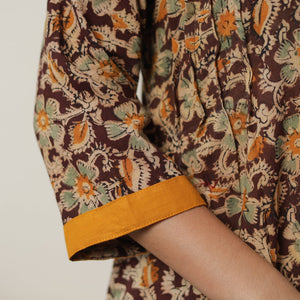 Brown - Pedana Kalamkari Block Printed Cotton A-Line Kurta with Tagai Work 14