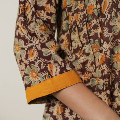 Brown - Pedana Kalamkari Block Printed Cotton A-Line Kurta with Tagai Work 14