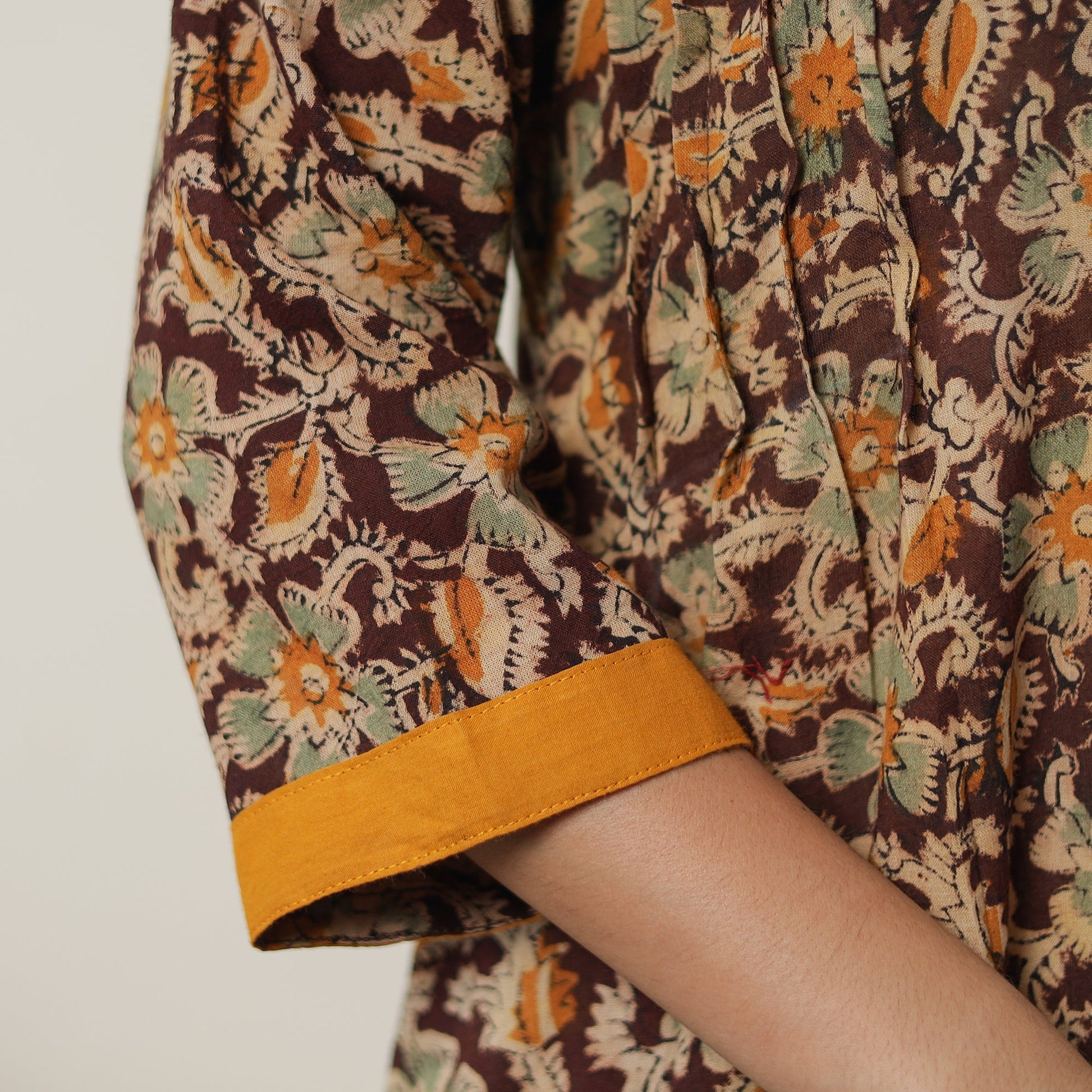 Brown - Pedana Kalamkari Block Printed Cotton A-Line Kurta with Tagai Work 14