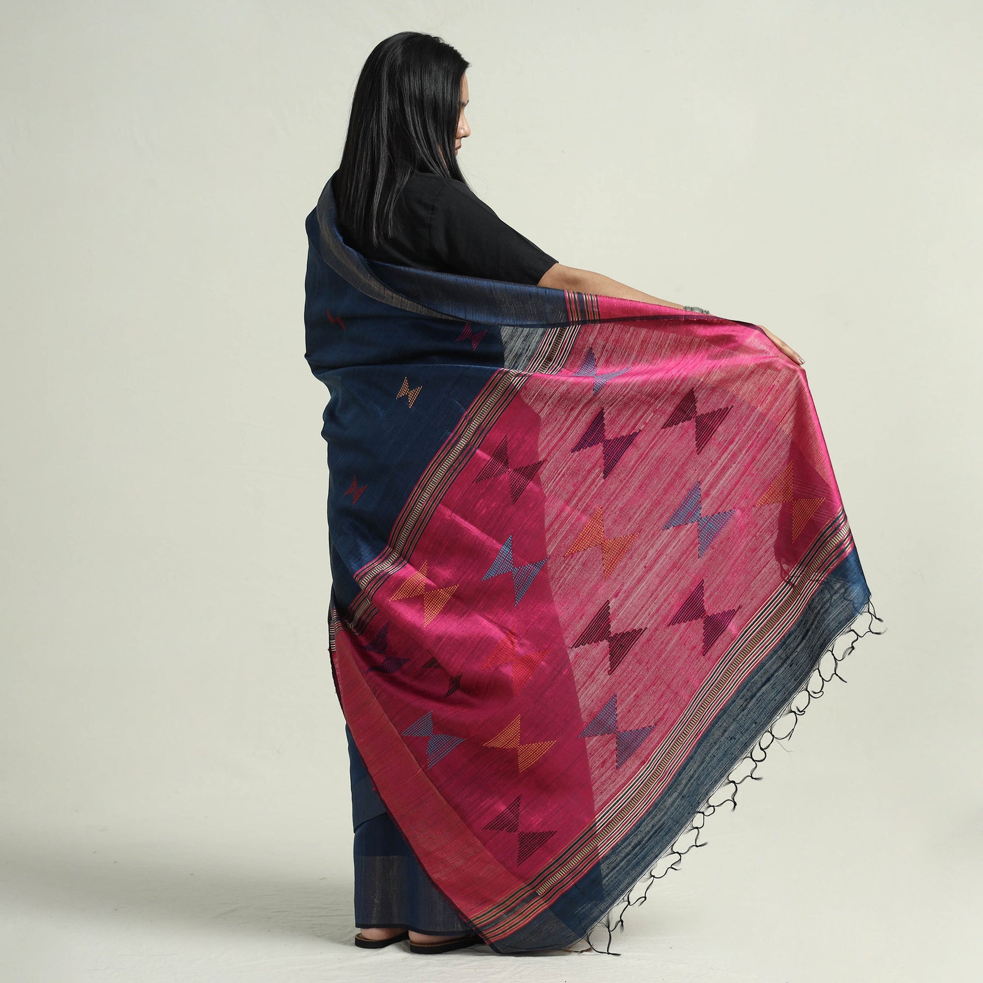 Blue - Bhagalpuri Pure Desi Tussar Silk Handloom Saree with Zari Border