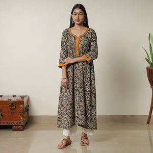 Black - Pedana Kalamkari Block Printed Cotton A-Line Kurta with Tagai Work 15