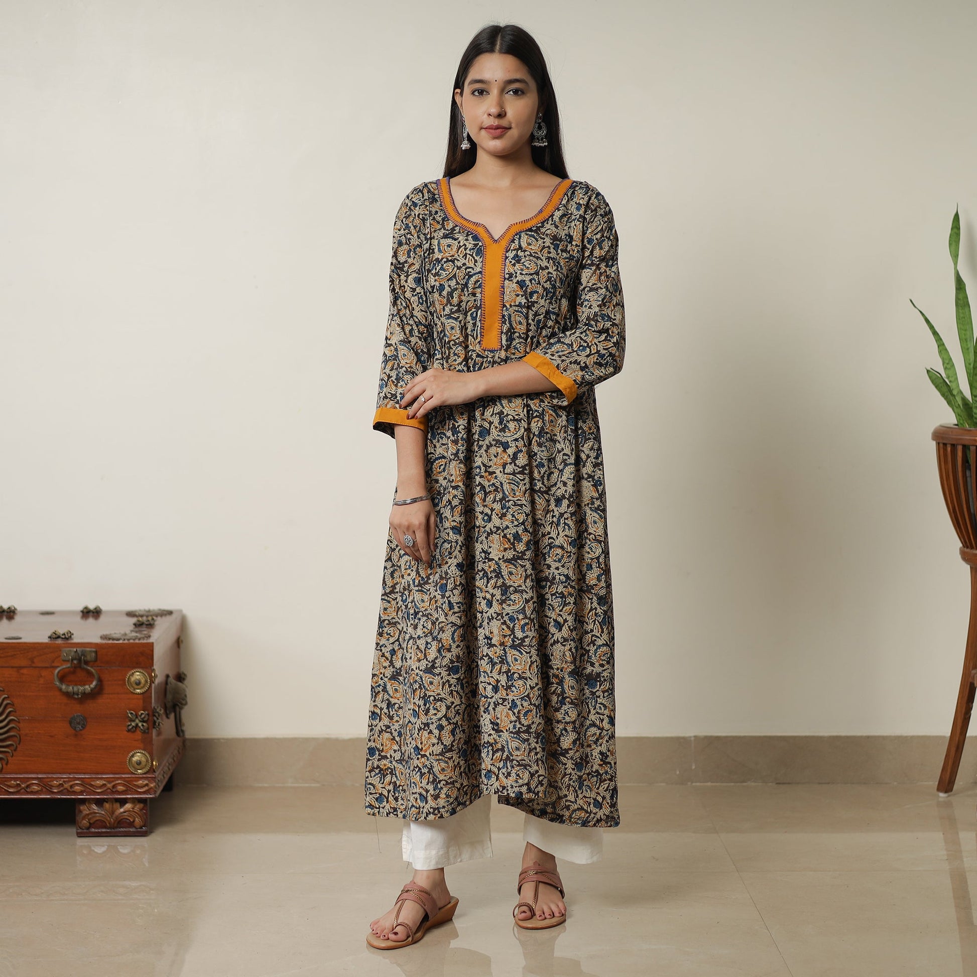 Black - Pedana Kalamkari Block Printed Cotton A-Line Kurta with Tagai Work 15