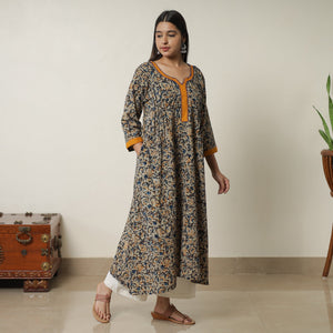 Black - Pedana Kalamkari Block Printed Cotton A-Line Kurta with Tagai Work 15