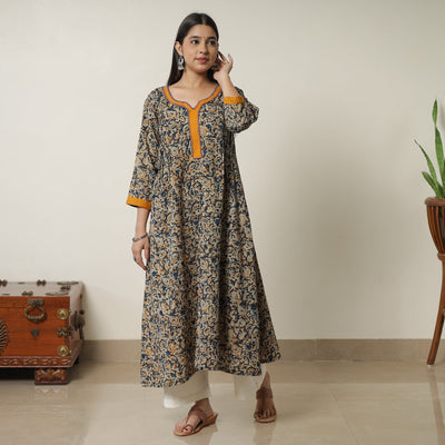 Black - Pedana Kalamkari Block Printed Cotton A-Line Kurta with Tagai Work 15