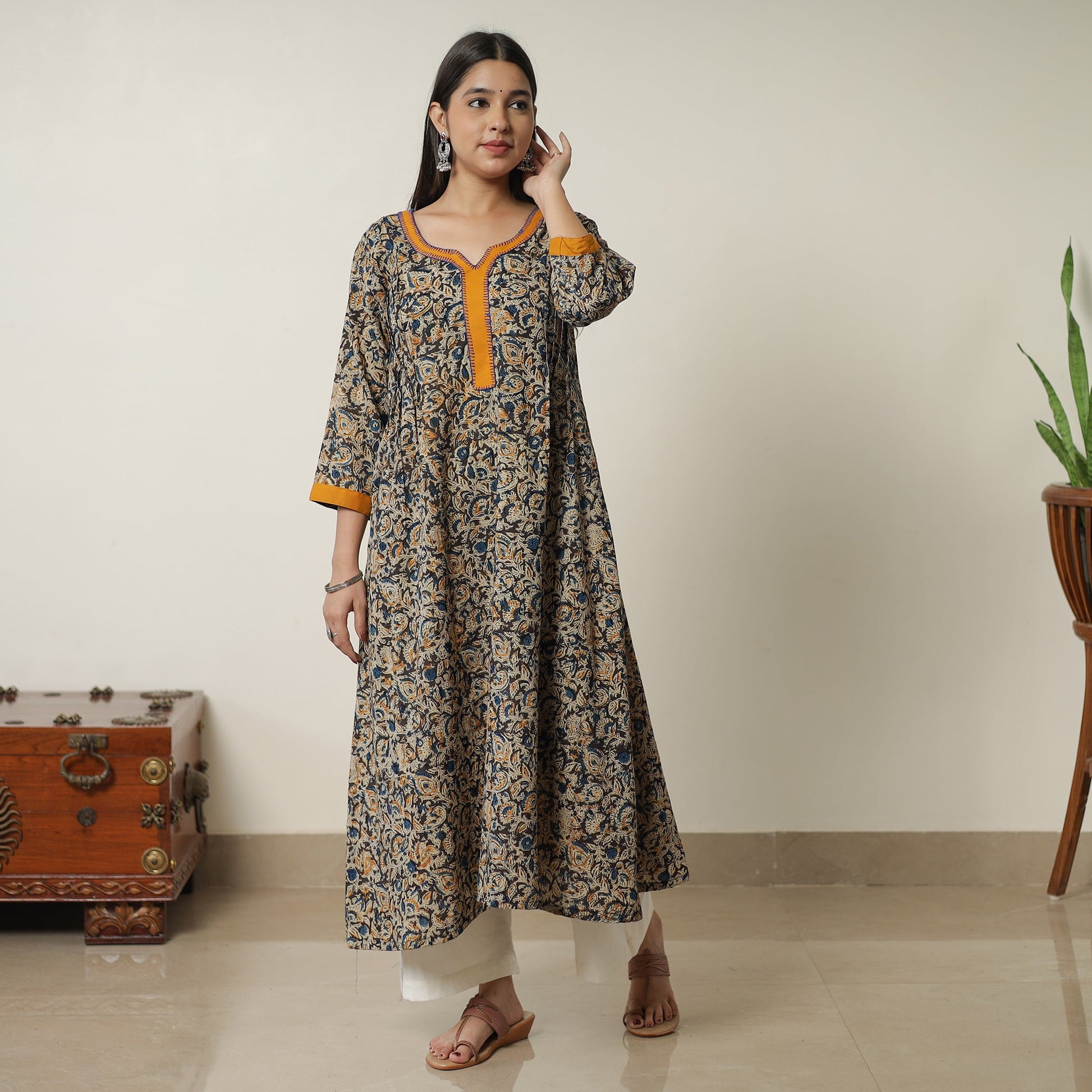Black - Pedana Kalamkari Block Printed Cotton A-Line Kurta with Tagai Work 15
