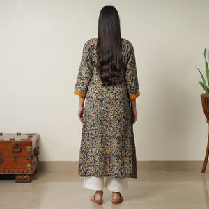 Black - Pedana Kalamkari Block Printed Cotton A-Line Kurta with Tagai Work 15