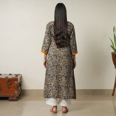 Black - Pedana Kalamkari Block Printed Cotton A-Line Kurta with Tagai Work 15