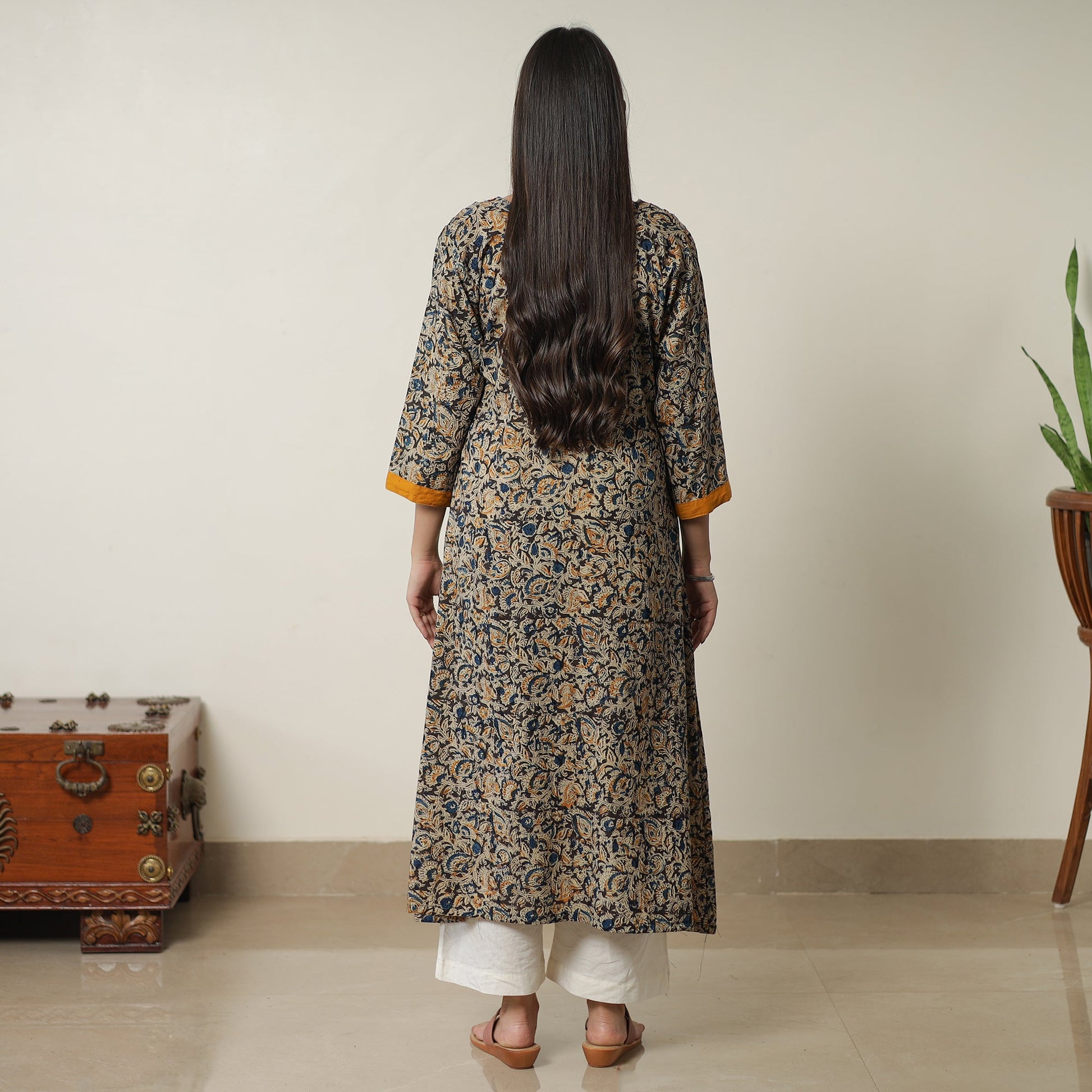 Black - Pedana Kalamkari Block Printed Cotton A-Line Kurta with Tagai Work 15