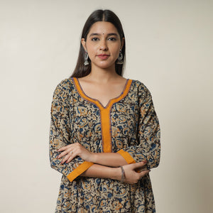 Black - Pedana Kalamkari Block Printed Cotton A-Line Kurta with Tagai Work 15