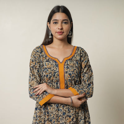 Black - Pedana Kalamkari Block Printed Cotton A-Line Kurta with Tagai Work 15