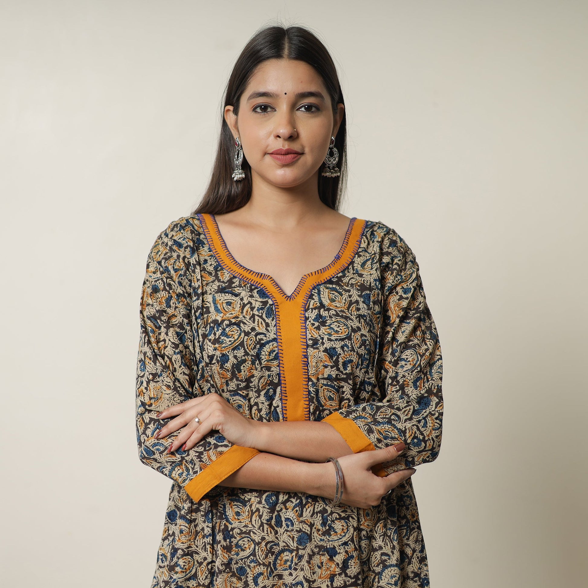 Black - Pedana Kalamkari Block Printed Cotton A-Line Kurta with Tagai Work 15