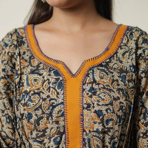 Black - Pedana Kalamkari Block Printed Cotton A-Line Kurta with Tagai Work 15