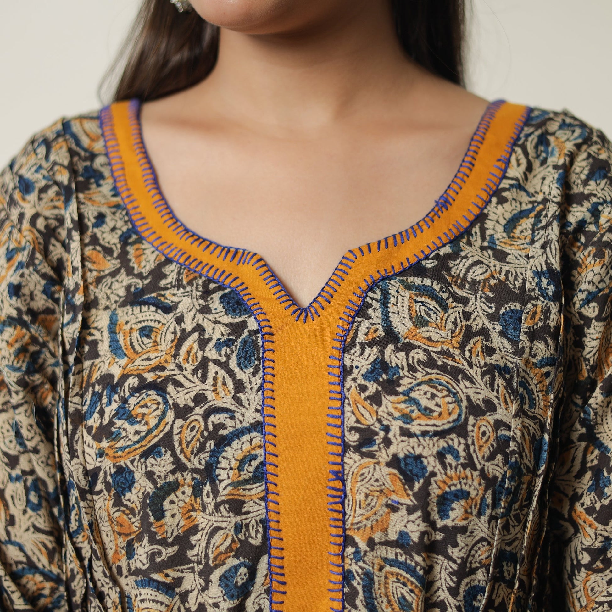Black - Pedana Kalamkari Block Printed Cotton A-Line Kurta with Tagai Work 15