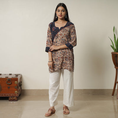 Brown - Pedana Kalamkari Block Printed Cotton Short Kurta with Ajrakh Patchwork 03
