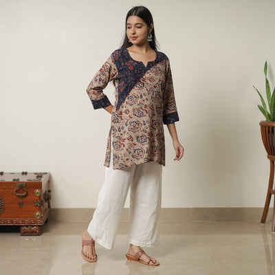 Brown - Pedana Kalamkari Block Printed Cotton Short Kurta with Ajrakh Patchwork 03