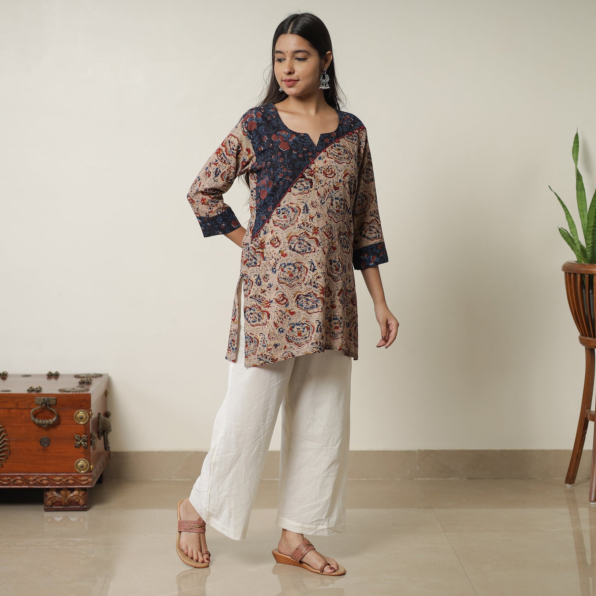 Brown - Pedana Kalamkari Block Printed Cotton Short Kurta with Ajrakh Patchwork 03