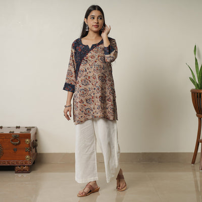 Brown - Pedana Kalamkari Block Printed Cotton Short Kurta with Ajrakh Patchwork 03