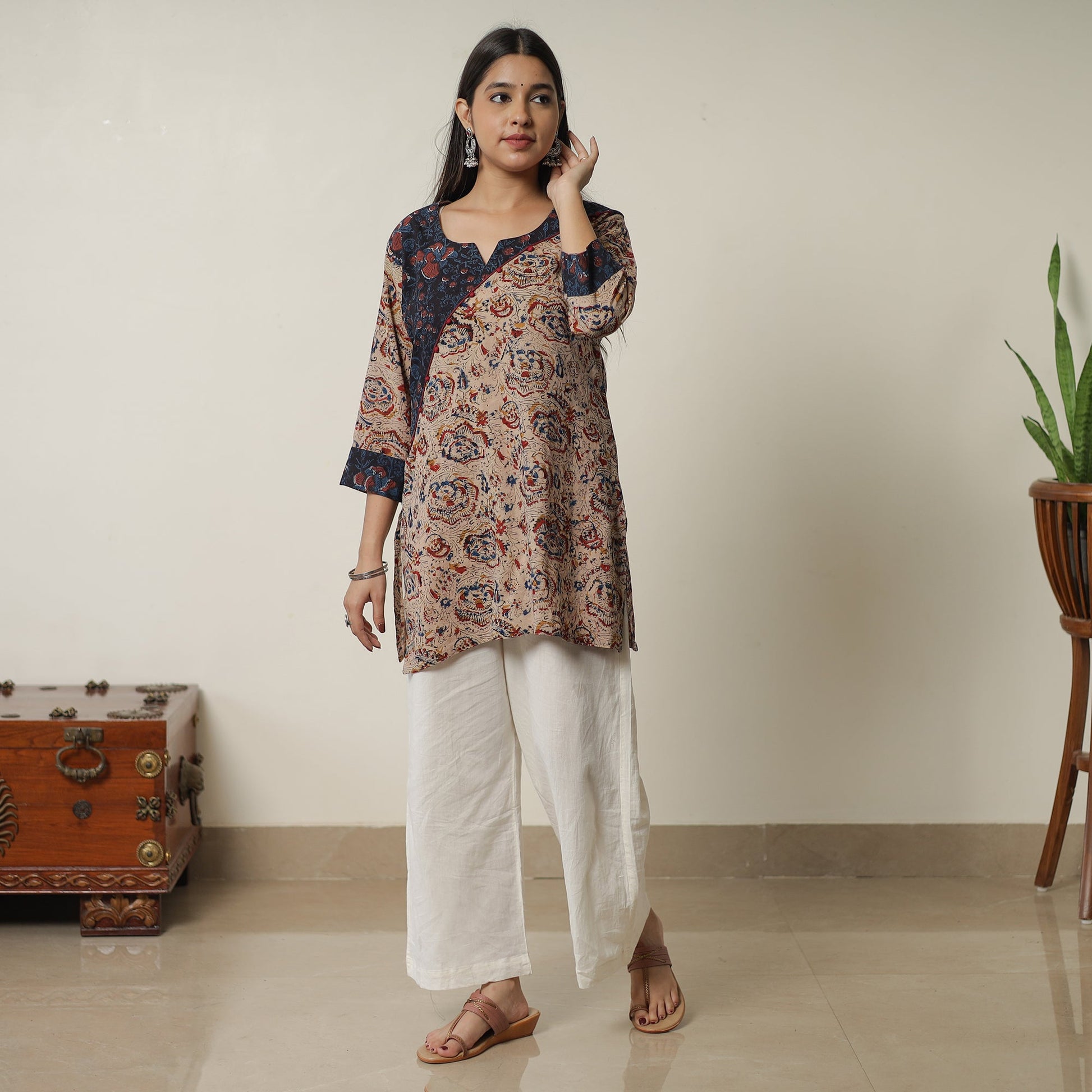 Brown - Pedana Kalamkari Block Printed Cotton Short Kurta with Ajrakh Patchwork 03
