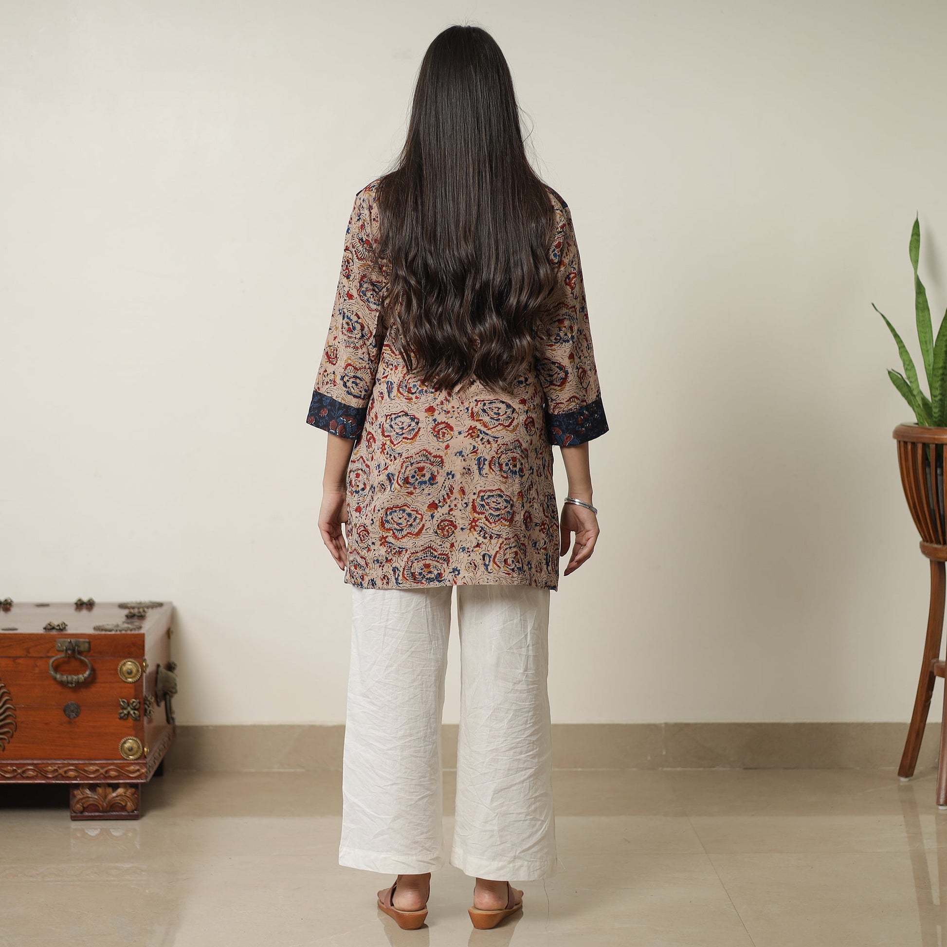 Brown - Pedana Kalamkari Block Printed Cotton Short Kurta with Ajrakh Patchwork 03
