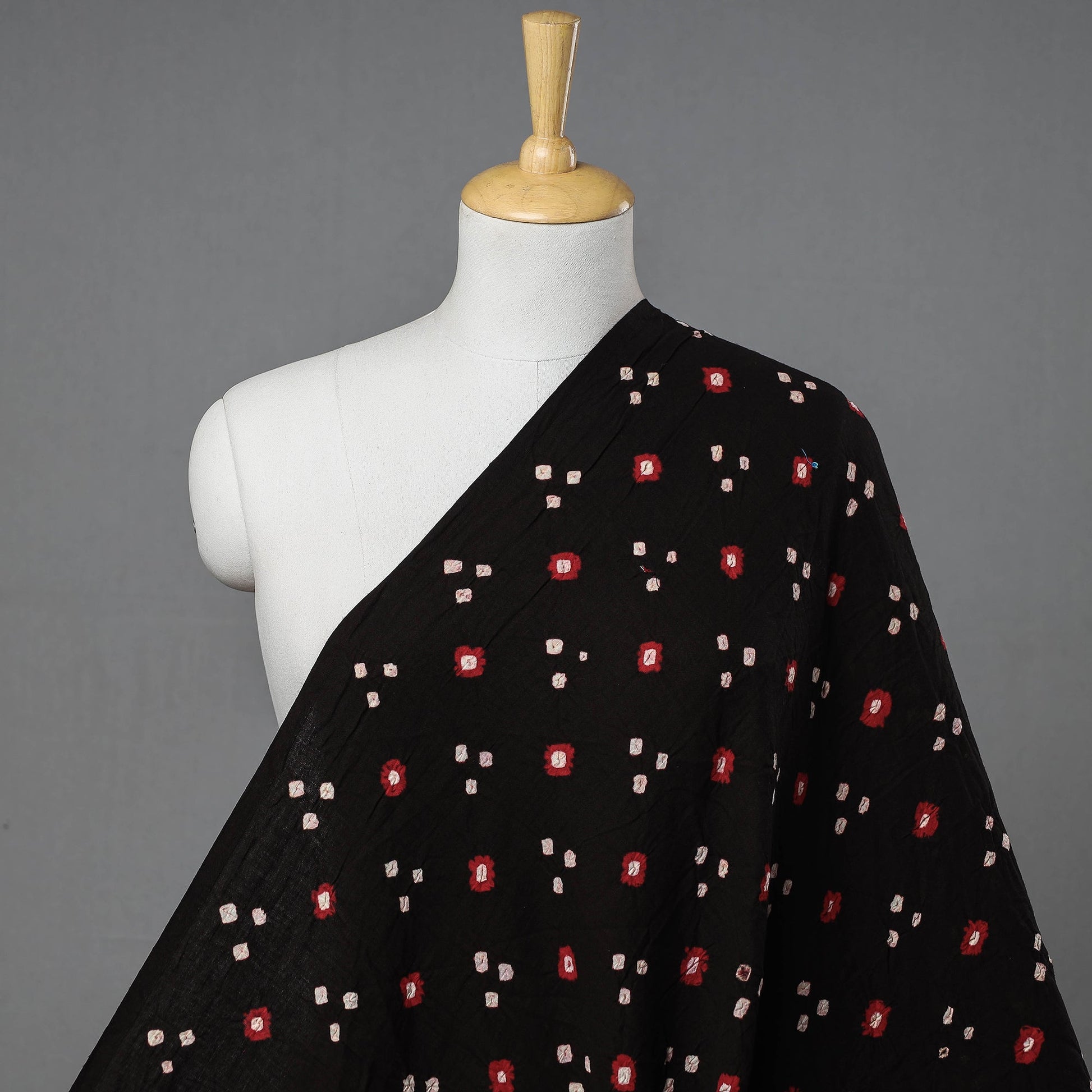 Black - Red with White Buti Kutch Tie-Dye Bandhani Mul Cotton Fabric 03