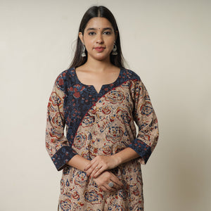 Brown - Pedana Kalamkari Block Printed Cotton Short Kurta with Ajrakh Patchwork 03