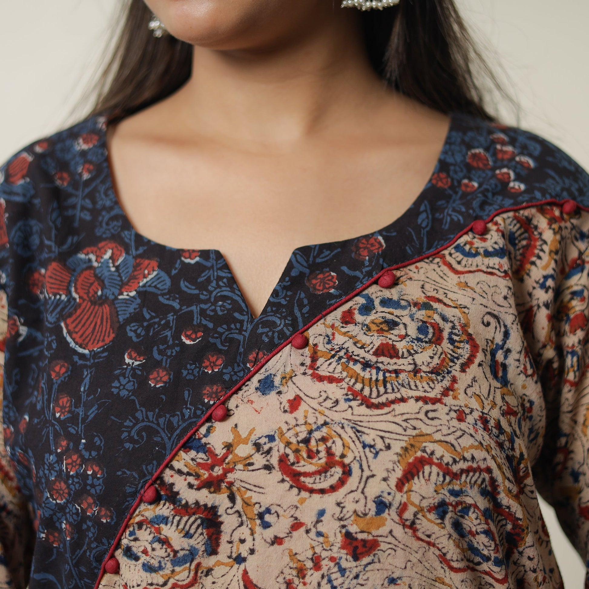 Brown - Pedana Kalamkari Block Printed Cotton Short Kurta with Ajrakh Patchwork 03