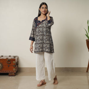 Black - Pedana Kalamkari Block Printed Cotton Short Kurta with Ajrakh Patchwork 02