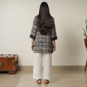Black - Pedana Kalamkari Block Printed Cotton Short Kurta with Ajrakh Patchwork 02