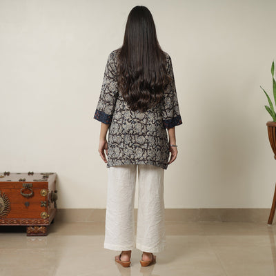 Black - Pedana Kalamkari Block Printed Cotton Short Kurta with Ajrakh Patchwork 02