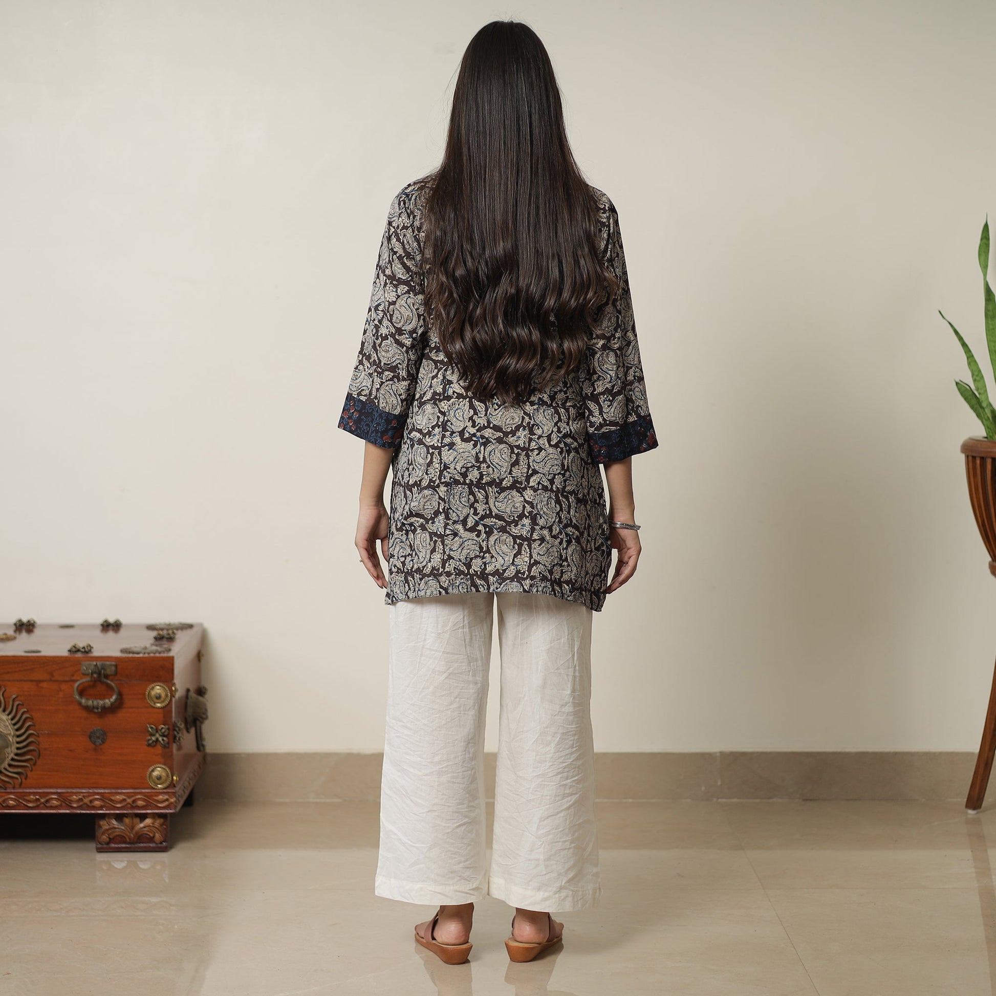 Black - Pedana Kalamkari Block Printed Cotton Short Kurta with Ajrakh Patchwork 02