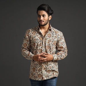 Beige - Premium Pedana Kalamkari Block Printed Cotton Men Full Sleeve Shirt
