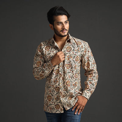 Beige - Premium Pedana Kalamkari Block Printed Cotton Men Full Sleeve Shirt