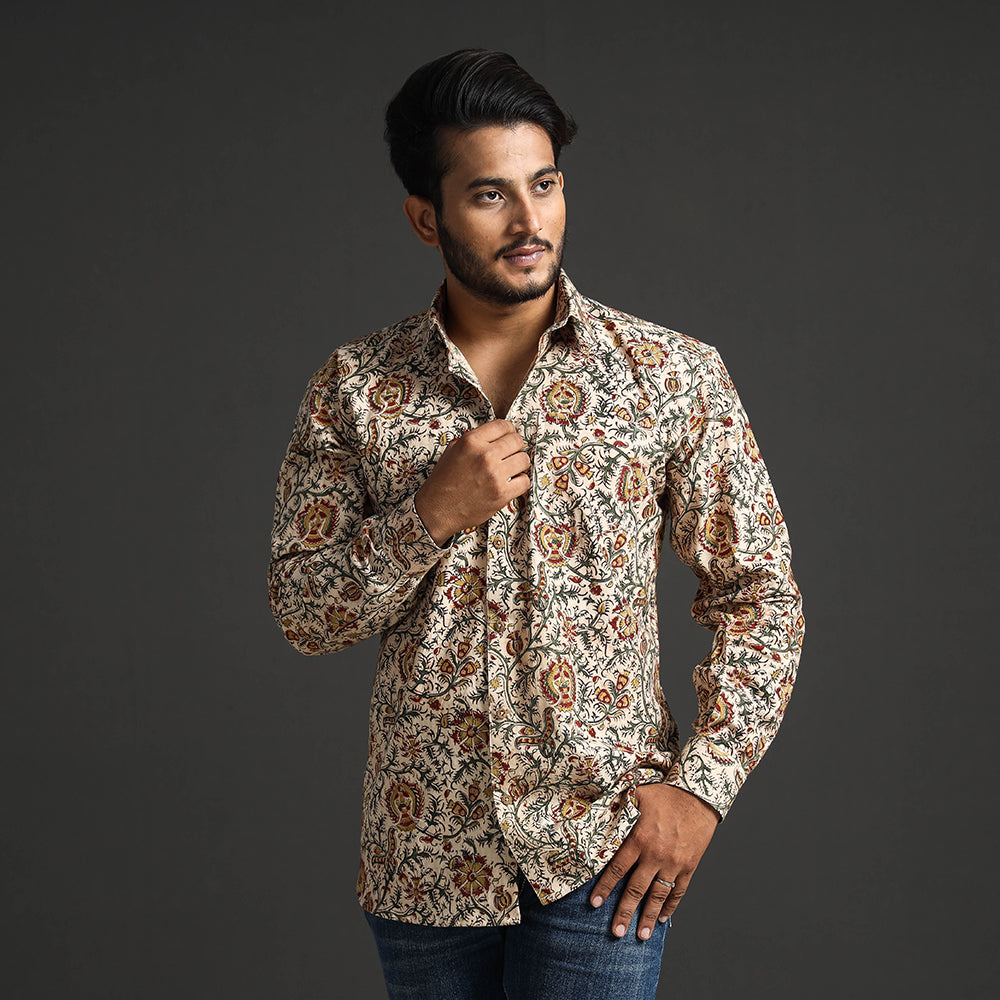 Beige - Premium Pedana Kalamkari Block Printed Cotton Men Full Sleeve Shirt
