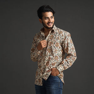 Beige - Premium Pedana Kalamkari Block Printed Cotton Men Full Sleeve Shirt