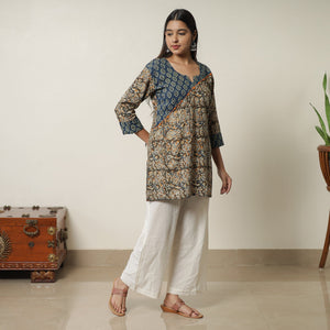 Brown - Pedana Kalamkari Block Printed Cotton Short Kurta with Ajrakh Patchwork 05