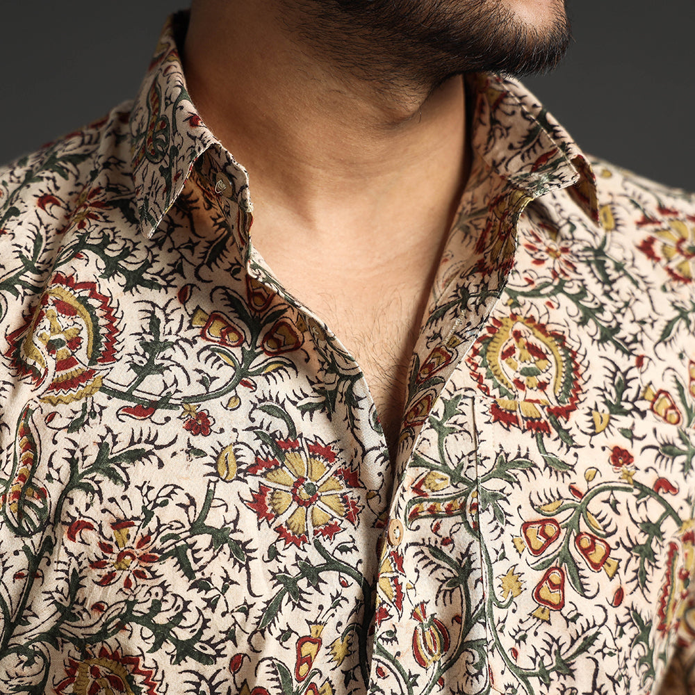 Beige - Premium Pedana Kalamkari Block Printed Cotton Men Full Sleeve Shirt