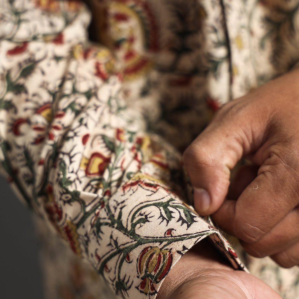 Beige - Premium Pedana Kalamkari Block Printed Cotton Men Full Sleeve Shirt