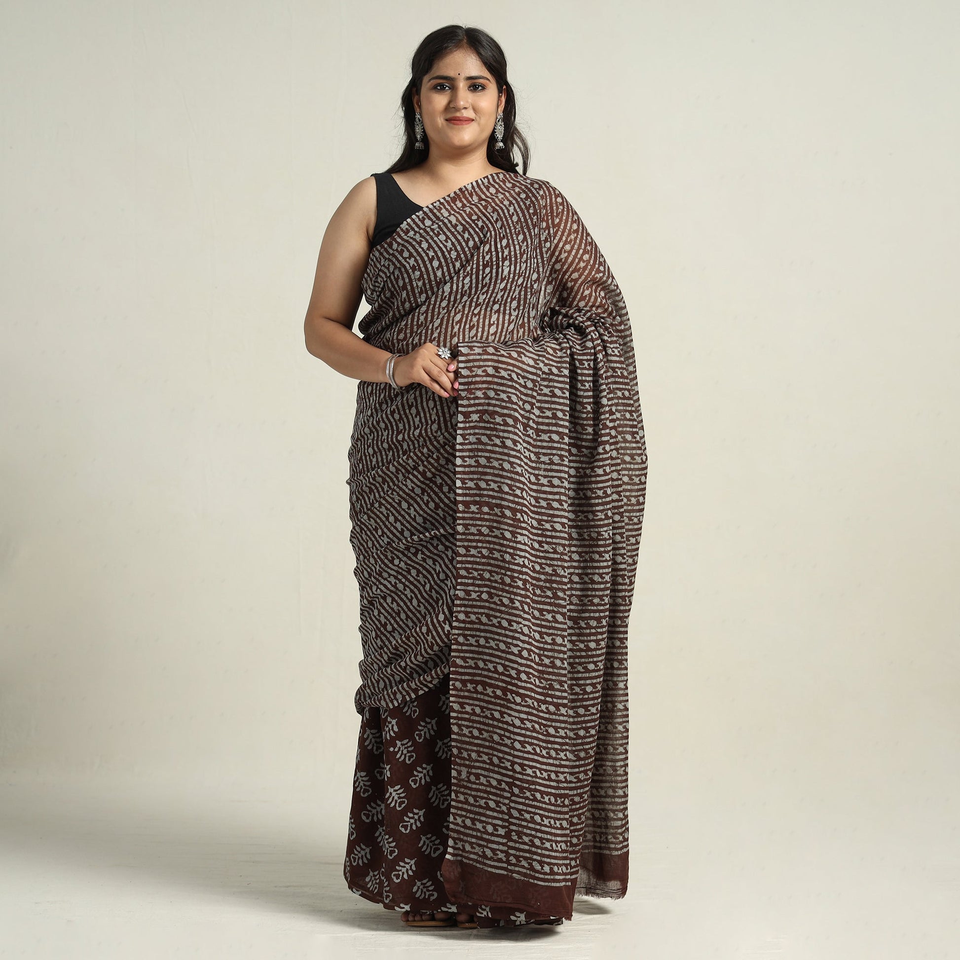 Brown - Mul Cotton Hand Batik Print Saree