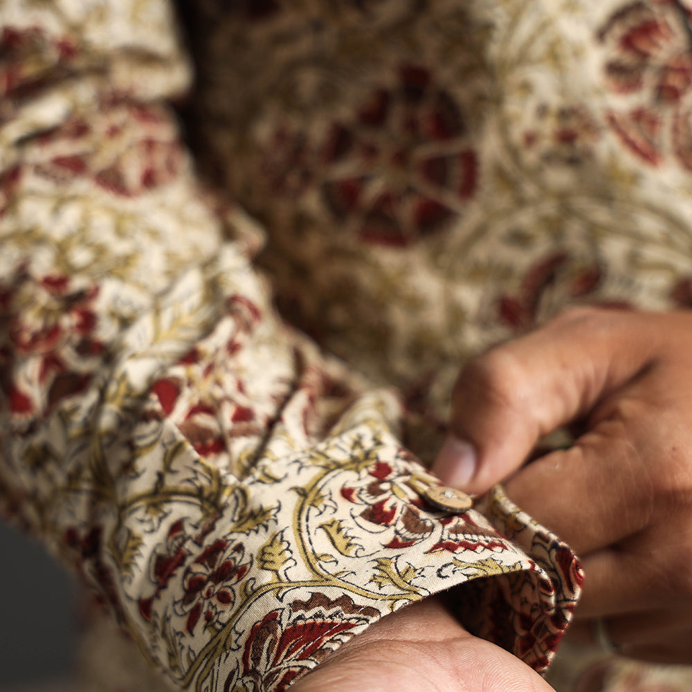 Beige - Premium Pedana Kalamkari Block Printed Cotton Men Full Sleeve Shirt