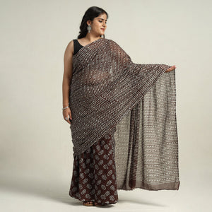 Brown - Mul Cotton Hand Batik Print Saree