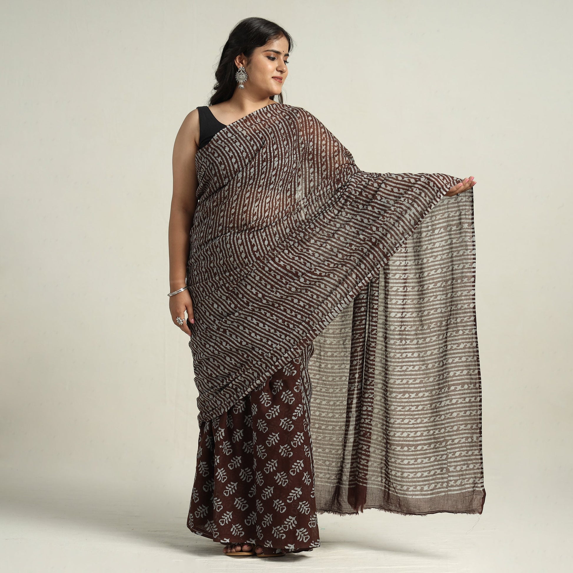 Brown - Mul Cotton Hand Batik Print Saree