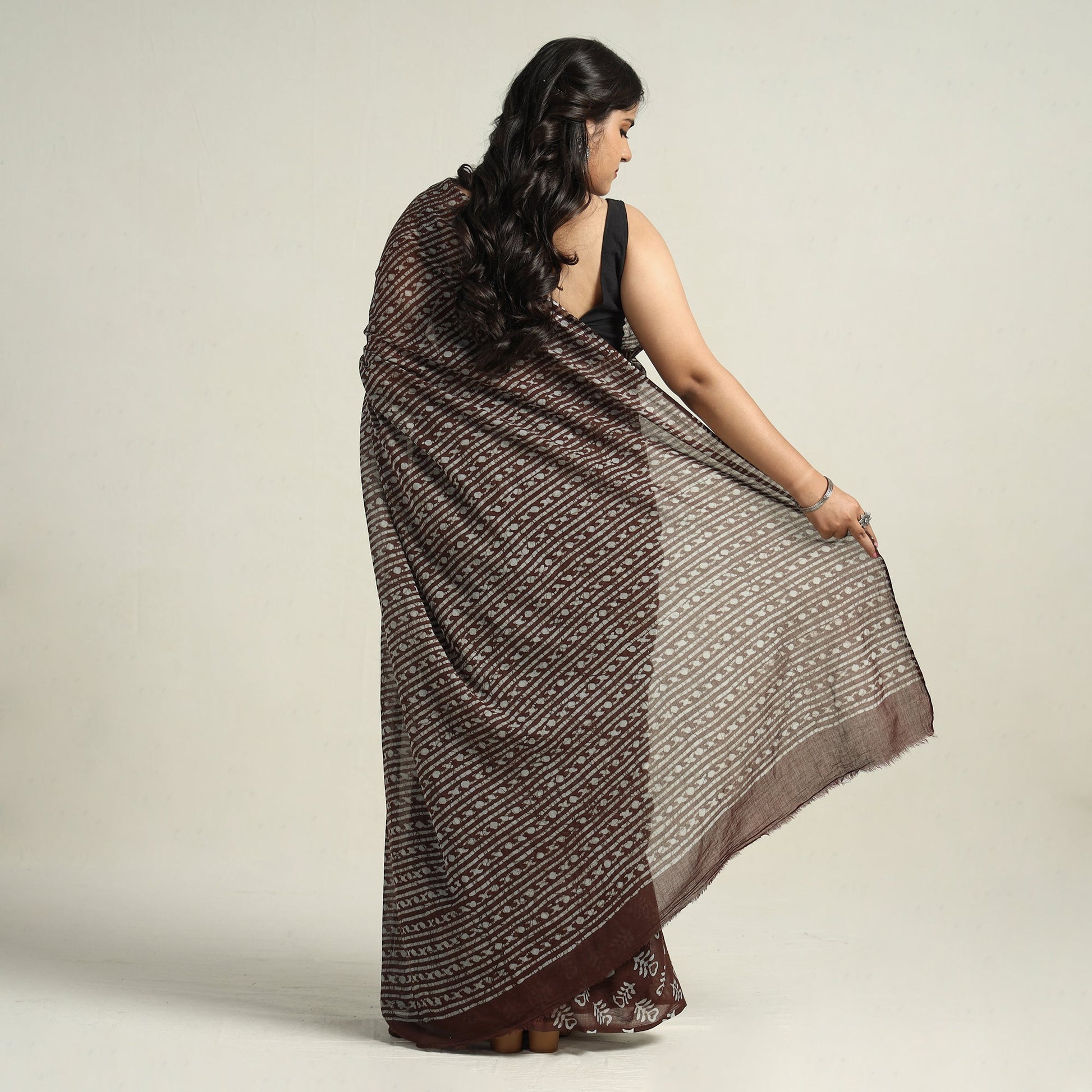 Brown - Mul Cotton Hand Batik Print Saree