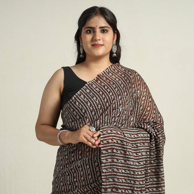 Brown - Mul Cotton Hand Batik Print Saree