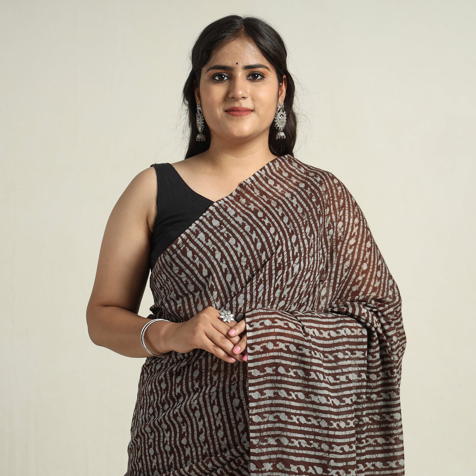 Brown - Mul Cotton Hand Batik Print Saree