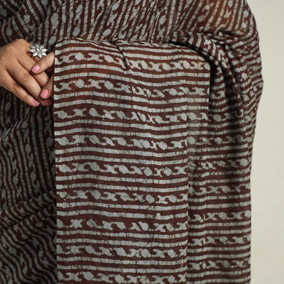 Brown - Mul Cotton Hand Batik Print Saree