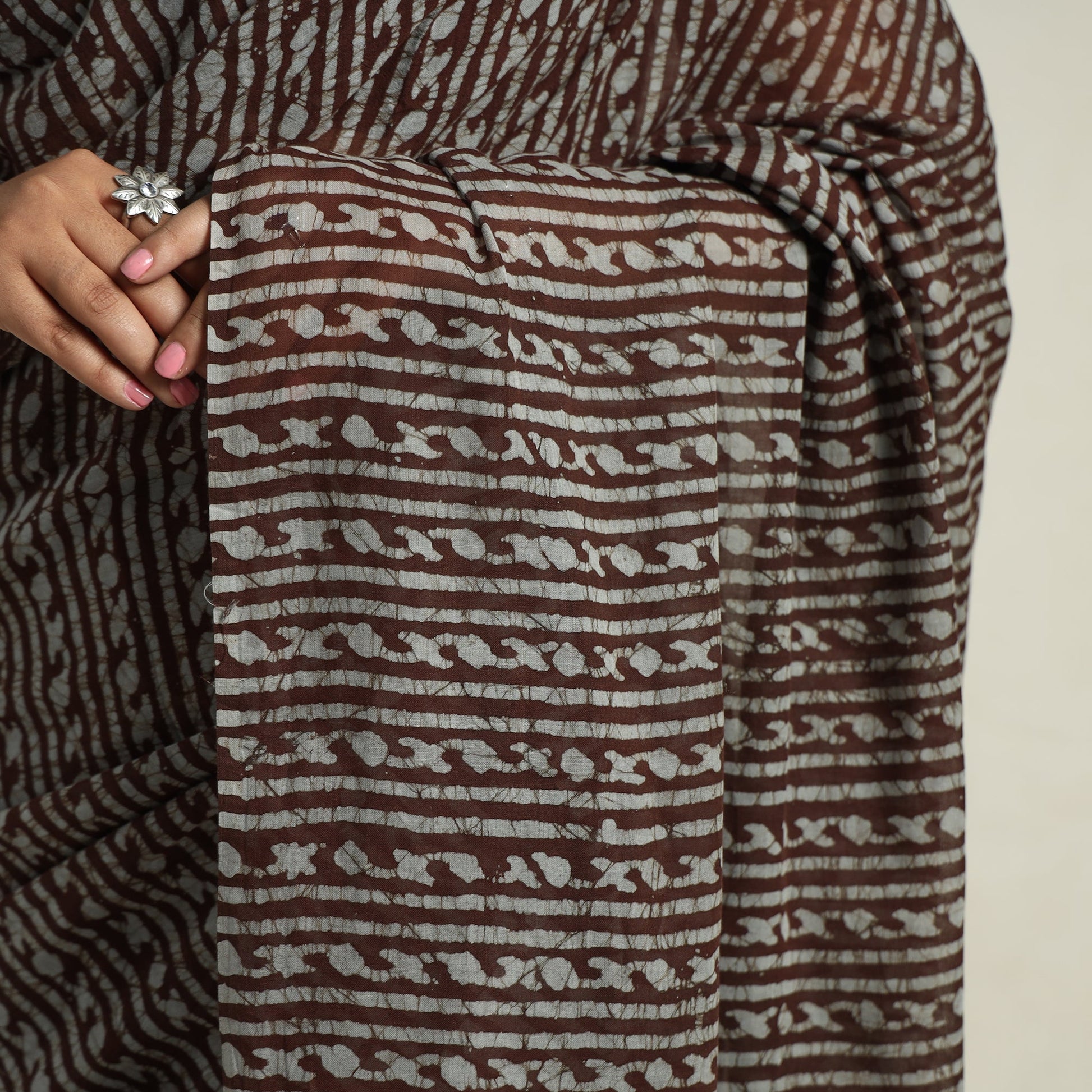 Brown - Mul Cotton Hand Batik Print Saree