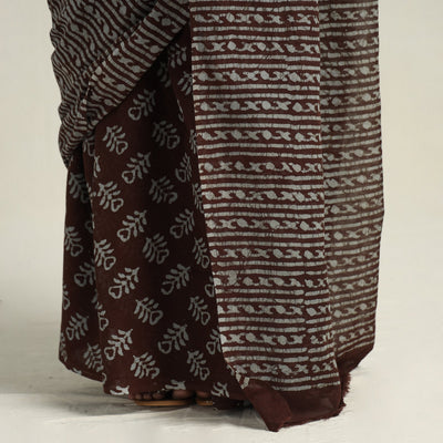 Brown - Mul Cotton Hand Batik Print Saree